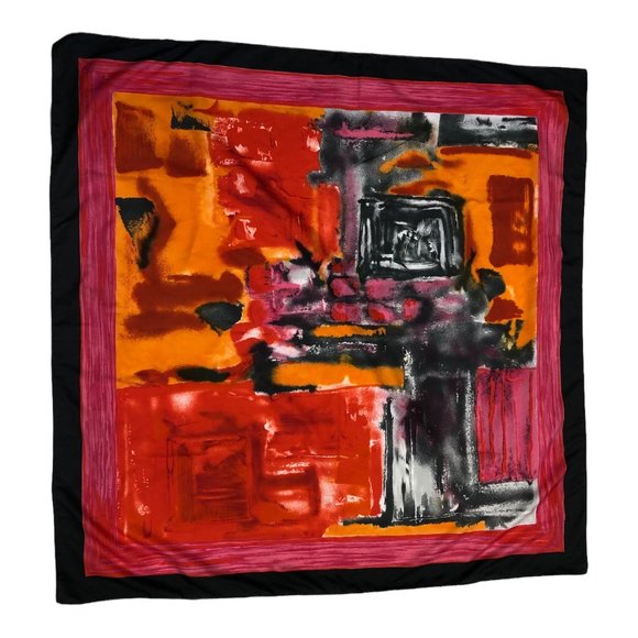 I D Unlimited Bright Fuchsia Pink Red Orange Black Square Scarf Made In Italy - Picture 10 of 12
